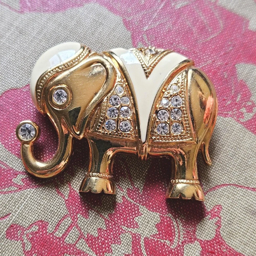 Vintage KJL for Avon Elephant Brooch Gold Tone Enamel Rhinestone Pendant Combo